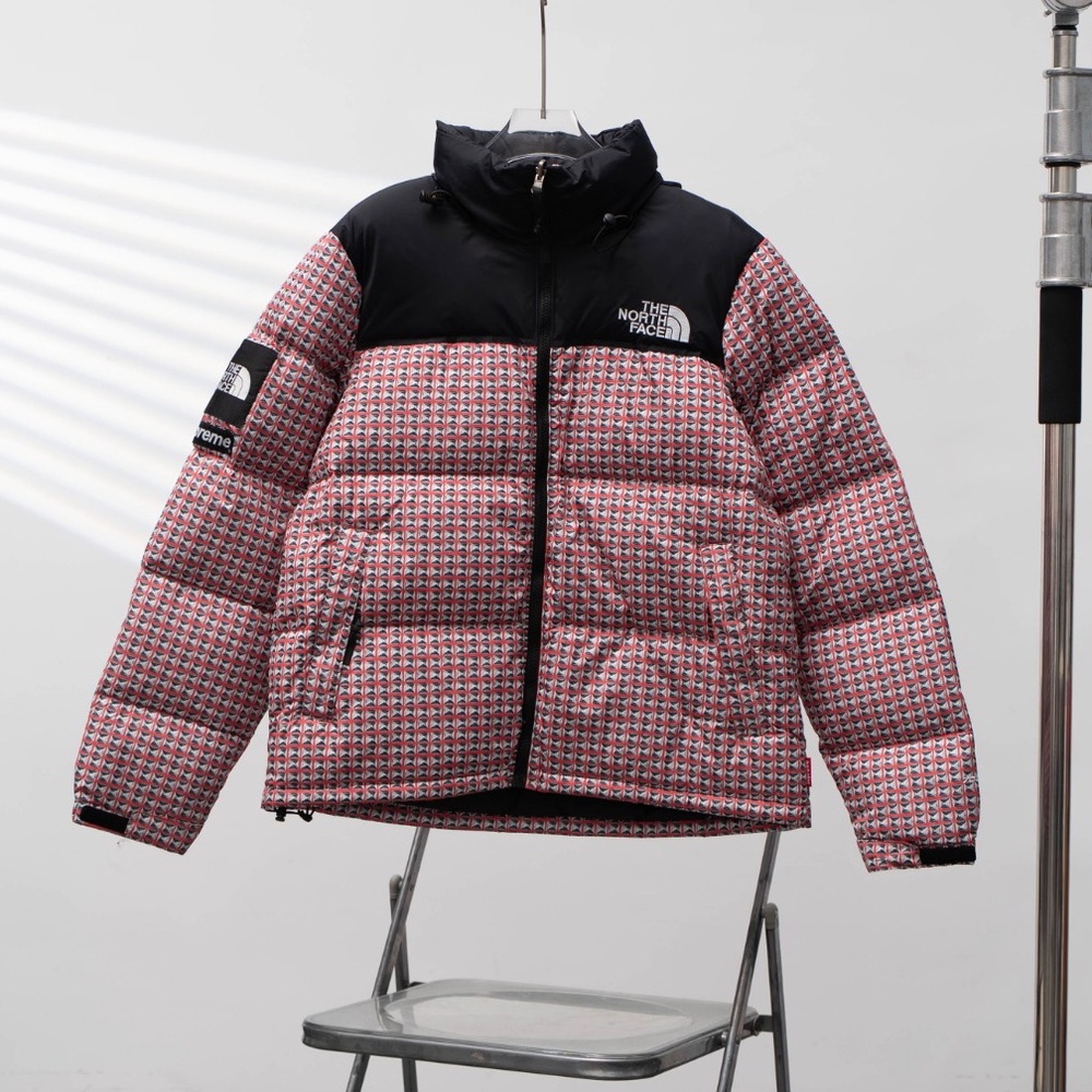The North Face Pink Patterned Puffer with Black Shoulder Yoke